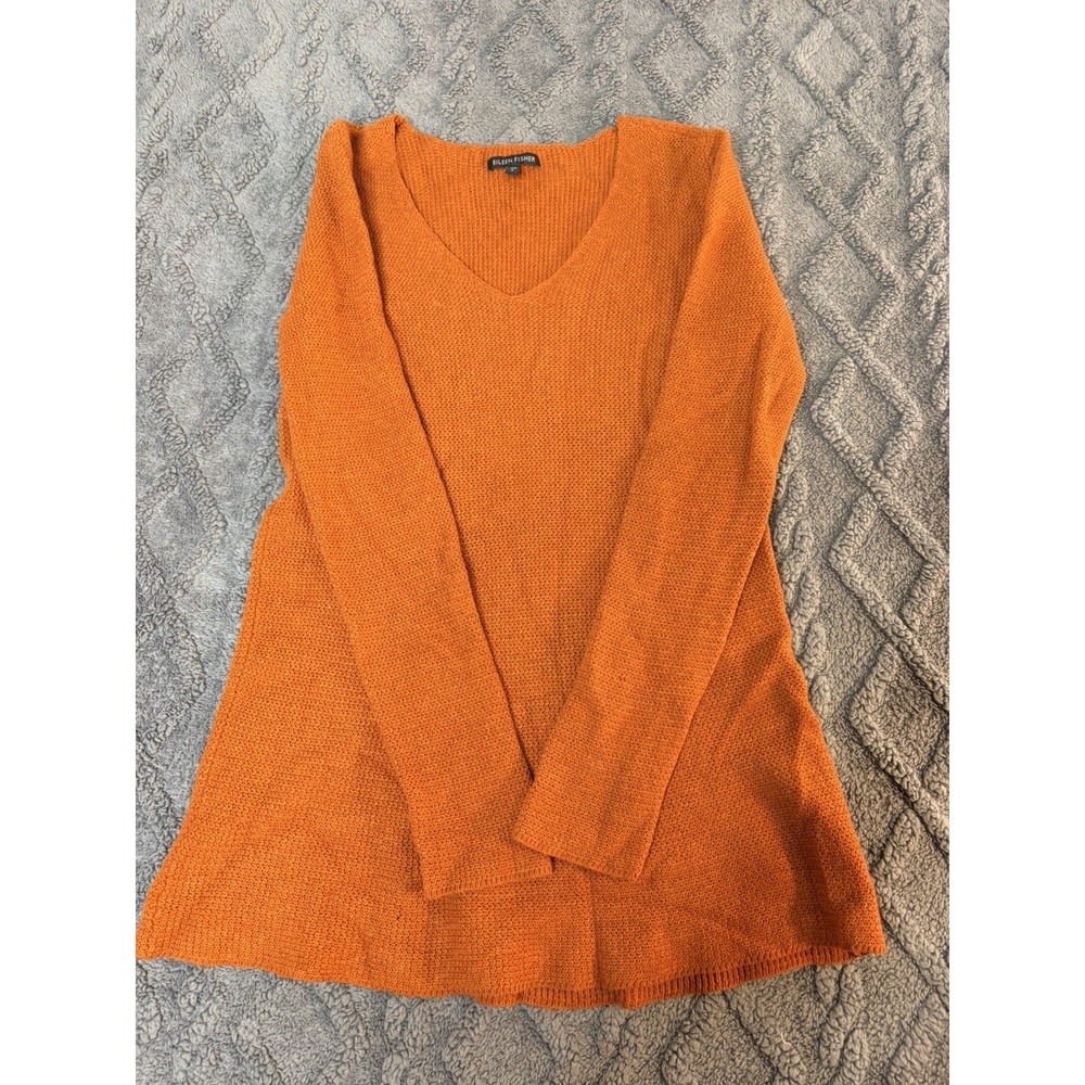 Eileen Fisher Crochet Knit Italian Yarn Rust V-Neck Sweater Size Small